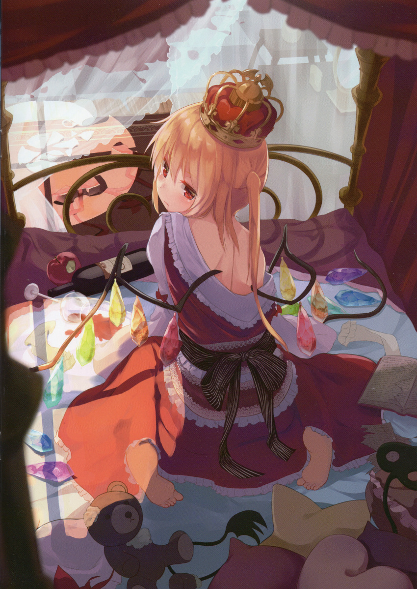 1girl absurdres ascot bare_back bed blonde_hair blood book bottle crown crystal cup curtains drinking_glass flandre_scarlet highres igayan laevatein_(touhou) long_hair red_eyes scan side_ponytail sitting socks_removed solo spill stuffed_animal stuffed_toy teddy_bear touhou wariza wine_bottle wine_glass wings