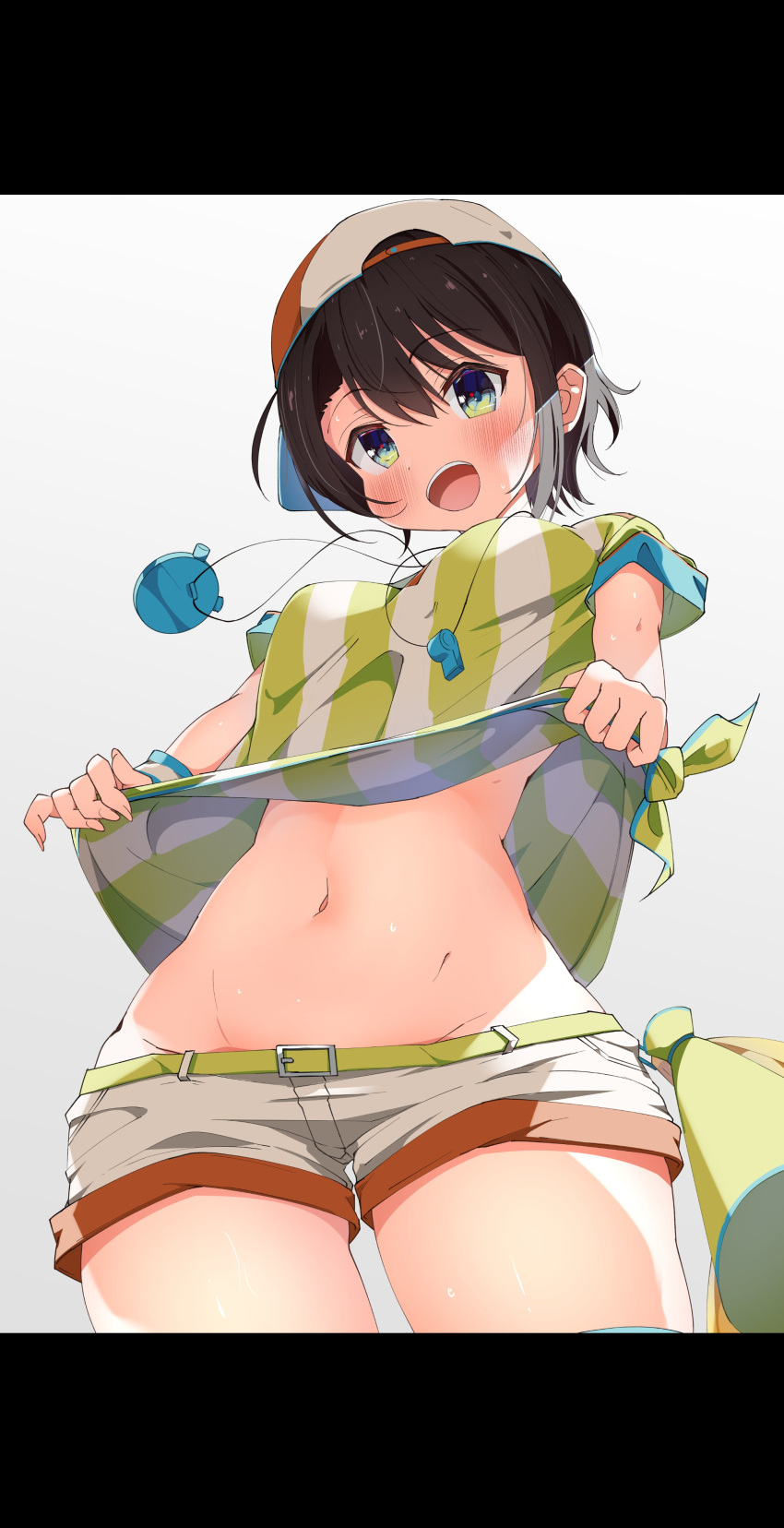 1girl :d absurdres backwards_hat bangs baseball_cap blue_eyes brown_hair hat highres hololive kuno_(kc9s) looking_at_viewer loose_clothes loose_shirt megaphone midriff navel oozora_subaru open_mouth oversized_clothes oversized_shirt red_headwear shirt short_hair shorts smile standing stomach stopwatch stopwatch_around_neck striped striped_shirt sweatband swept_bangs t-shirt tied_shirt two-tone_headwear vertical-striped_shirt vertical_stripes virtual_youtuber watch whistle whistle_around_neck white_background white_headwear white_shirt white_shorts wristband yellow_shirt