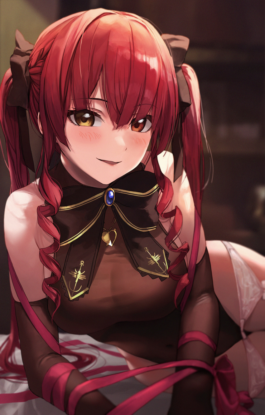 1girl absurdres bangs bare_shoulders black_bow blurry blurry_background blush bound bound_wrists bow breasts brown_leotard covered_navel drill_locks elbow_gloves eyebrows_visible_through_hair gloves gold_necklace hair_between_eyes hair_ribbon heart heart_necklace heterochromia highres hololive houshou_marine leotard long_hair looking_at_viewer lying medium_breasts nagomi_naka on_side open_mouth red_eyes red_ribbon redhead ribbon sidelocks smile solo twintails virtual_youtuber yellow_eyes