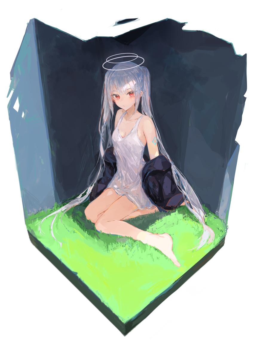 1girl absurdres bangs bare_shoulders barefoot black_jacket closed_mouth commentary_request dress eyebrows_visible_through_hair full_body grey_hair halo highres ichika_(ichika87) jacket long_hair looking_at_viewer off_shoulder on_grass open_clothes open_jacket original red_eyes simple_background sitting sleeveless sleeveless_dress solo twintails very_long_hair white_background white_dress yokozuwari