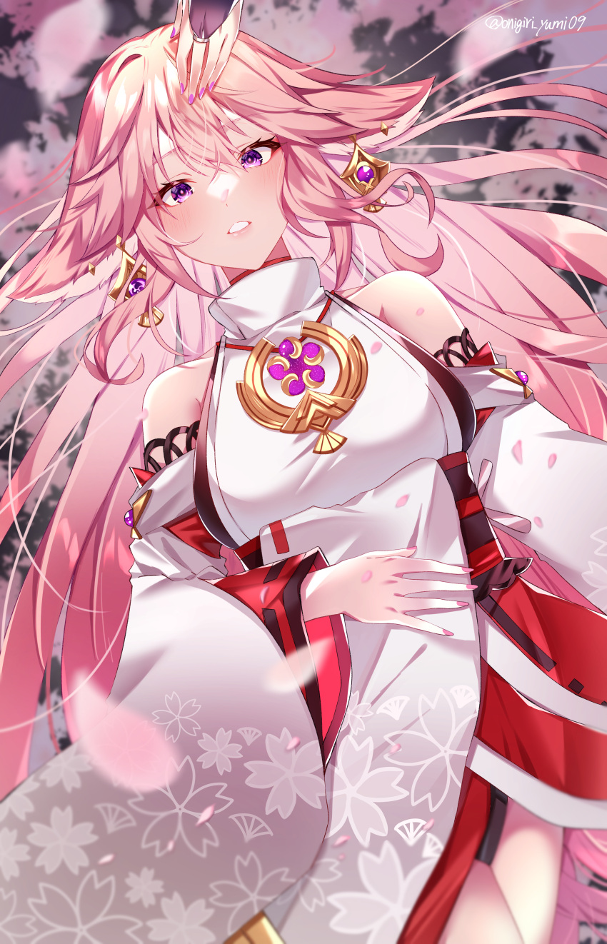 1girl absurdres animal_ears bare_shoulders blush breasts cherry_blossoms earrings elbow_sleeve fox_ears fox_girl genshin_impact highres japanese_clothes jewelry large_breasts long_hair looking_at_viewer miko onigiri_yumi09 open_mouth pink_hair pink_nails violet_eyes yae_miko