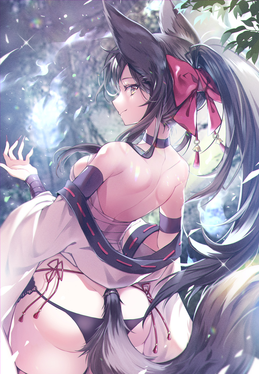 07touka25 1girl absurdres animal_ears ass back bare_shoulders bow choker fox fox_ears fox_girl fox_tail hair_bow highres long_hair looking_at_viewer looking_back original panties ponytail red_bow solo tail underwear yellow_eyes