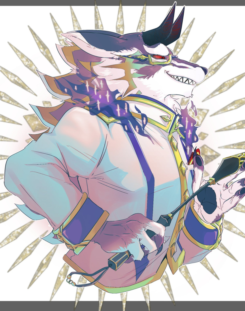 1boy animal_nose bael_(housamo) black_fire colored_sclera commentary_request evil_grin evil_smile fingernails fire furry furry_male glasses gold_trim grin highres holding horns izm_(izm_rm7) long_hair long_sleeves looking_to_the_side male_focus multicolored_fur muted_color purple_fur red_sclera riding_crop school_uniform sharp_fingernails sharp_teeth simple_background smile snout solo teeth tokyo_afterschool_summoners upper_body white_fur