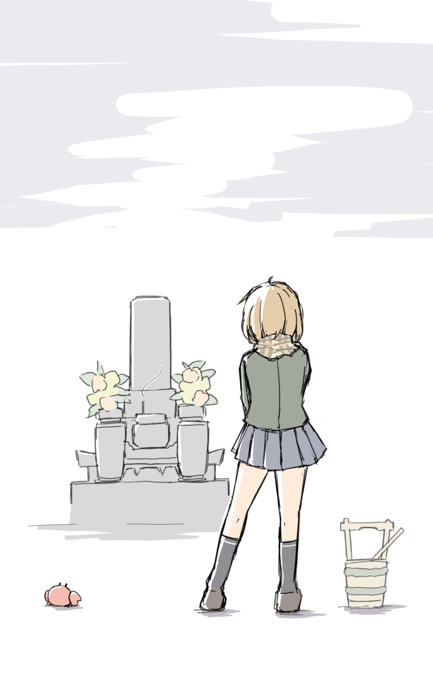 1girl black_legwear blue_skirt brown_hair bucket commentary_request crab from_behind grave green_jacket highres jacket kantai_collection kneehighs oboro_(kancolle) pleated_skirt scarf short_hair skirt standing tatahai tombstone