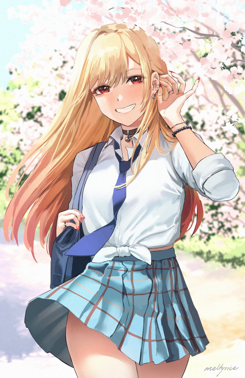 1girl absurdres blonde_hair blue_skirt breasts cherry_blossoms choker grin highres kitagawa_marin long_hair meltyrice necktie red_eyes red_nails shirt skirt smile solo sono_bisque_doll_wa_koi_wo_suru tied_shirt tree