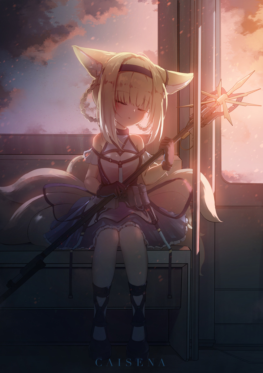 1girl absurdres animal_ear_fluff animal_ears arknights artist_name bag bangs bare_shoulders belt blonde_hair blush breasts brown_belt caisena closed_eyes dress dusk eyebrows_visible_through_hair fox_ears fox_tail gloves handbag highres holding holding_weapon multiple_tails short_hair sitting sleeping small_breasts solo suzuran_(arknights) tail train_interior weapon white_legwear