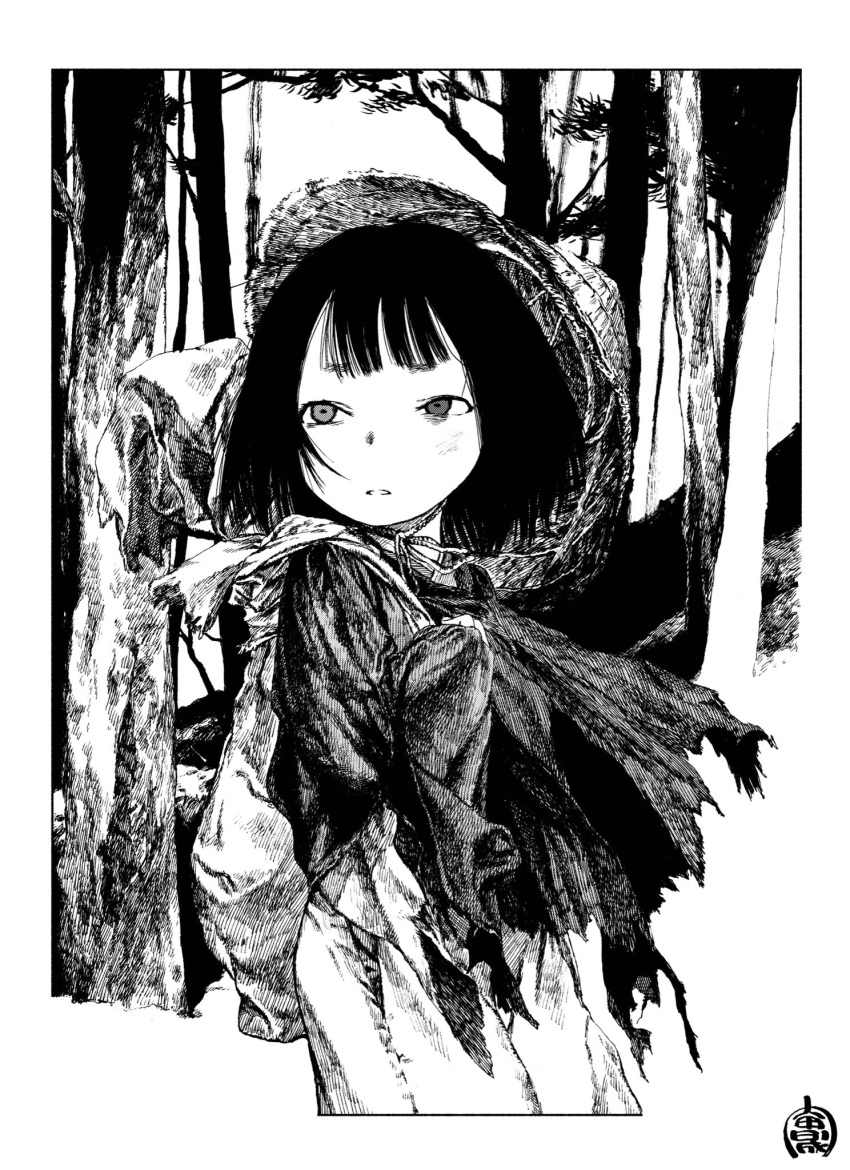 1girl bag biwa_(heike_monogatari) commentary_request cowboy_shot forest greyscale hat heike_monogatari highres monochrome nature parted_lips rice_hat short_hair shoulder_bag signature sleeves_past_wrists solo torn_clothes tree uchida_akira_(taaiseee1121)