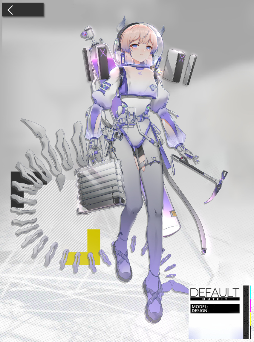 1girl absurdres alternate_costume arknights bangs blunt_bangs bodysuit commentary_request eyebrows_visible_through_hair floating floating_object genshin_impact gloves gradient_hair hair_ornament highres holding holding_suitcase kelun long_hair long_sleeves looking_at_viewer multicolored_hair pickaxe pink_hair sangonomiya_kokomi see-through_sleeves sidelocks simple_background solo suitcase violet_eyes white_bodysuit white_gloves