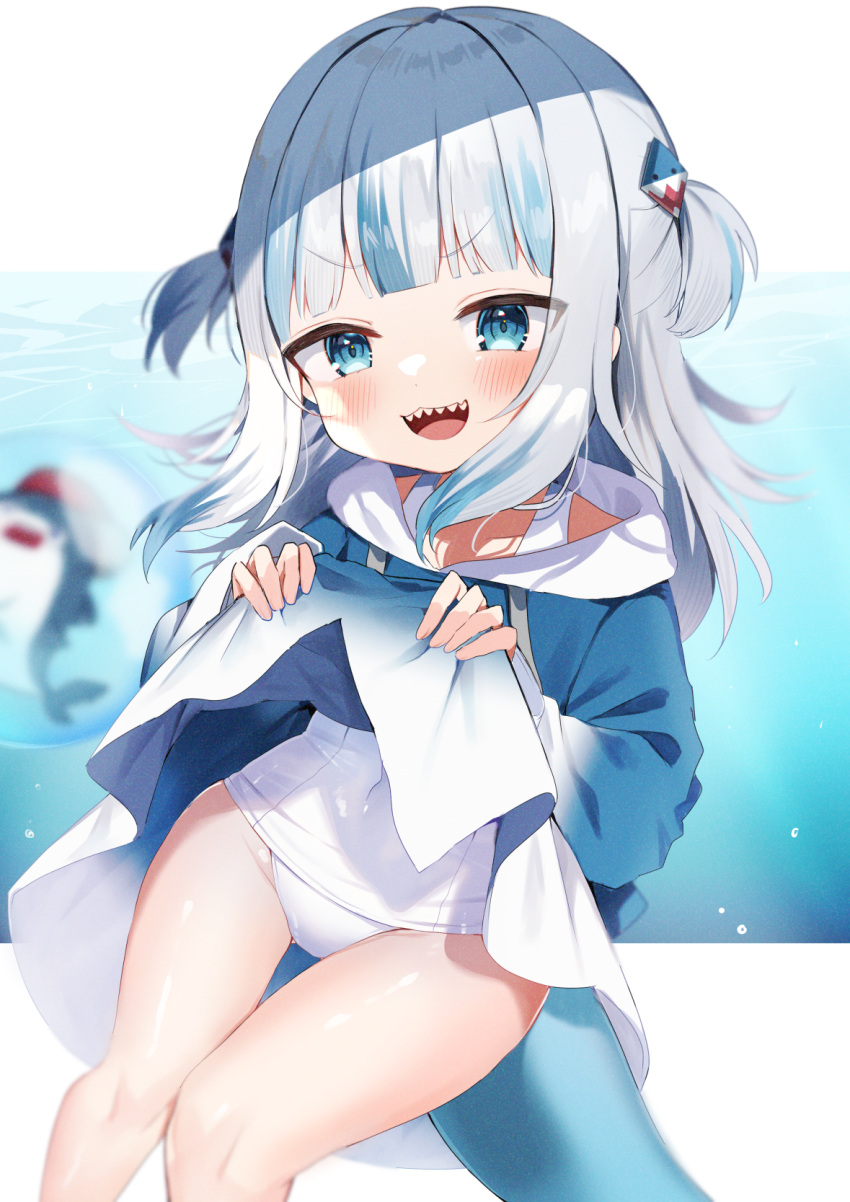 1girl :d animal_hood bangs bloop_(gawr_gura) blue_eyes blue_hair blue_hoodie blunt_bangs blush breasts eyebrows_visible_through_hair eyes_visible_through_hair fangs feet_out_of_frame fish_tail gawr_gura grey_hair hair_ornament highres hololive hololive_english hood hoodie hoodie_lift lifted_by_self long_hair long_sleeves looking_at_viewer multicolored_hair noi_mine open_mouth shark_girl shark_hair_ornament shark_hood shark_tail sharp_teeth small_breasts smile solo streaked_hair swimsuit swimsuit_under_clothes tail teeth two_side_up upper_teeth virtual_youtuber white_hair white_swimsuit