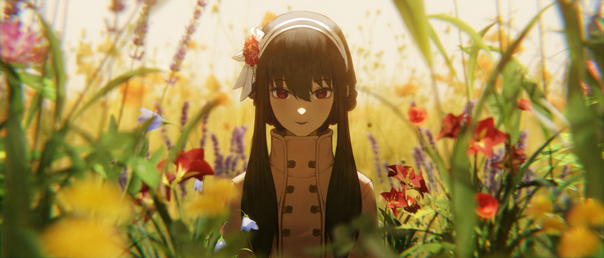 1girl backlighting bangs black_hair blue_flower blurry braid buttons closed_mouth coat commentary day depth_of_field double-breasted field flower flower_field grass hair_between_eyes hair_flower hair_ornament hair_ribbon hairband highres long_hair looking_at_viewer nature pink_flower purple_flower red_eyes red_lips ribbon sidelocks smile solo spy_x_family straight-on toggles turtleneck updo upper_body wang-xi yellow_flower yor_briar