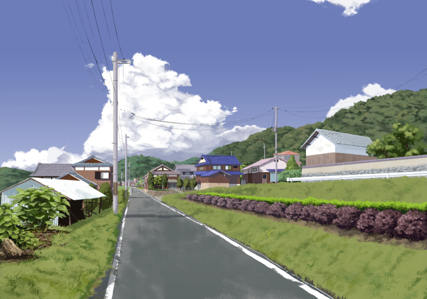 blue_sky building commentary_request cumulonimbus_cloud grass guard_rail highres house mountain no_humans original outdoors power_lines road rural sasaki112 scenery sky street tree utility_pole