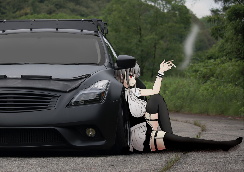 1girl bangs black_legwear car character_request cigarette copyright_request forest from_side full_body grey_hair ground_vehicle highres knee_up leg_strap looking_at_viewer maid mamo_murata motor_vehicle nature outdoors red_eyes short_hair sitting smoking solo thigh-highs wrist_cuffs