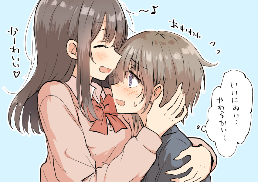 2girls @_@ bangs betock blue_background blush bow bowtie brown_hair closed_eyes commentary_request eighth_note embarrassed eyebrows_visible_through_hair flying_sweatdrops highres hug long_hair long_sleeves multiple_girls musical_note open_mouth original pink_sweater red_bow red_bowtie school_uniform short_hair simple_background sweat sweater thought_bubble translation_request upper_body violet_eyes yuri