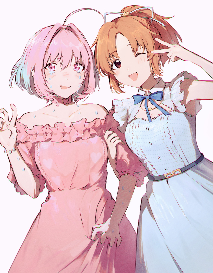 2girls abe_nana absurdres ahoge arm_up bangs bare_shoulders belt blush breasts choker collarbone crying crying_with_eyes_open dress earrings eyebrows_visible_through_hair fang hair_between_eyes hamachamu hand_up heart heart_choker heart_earrings heart_print high_ponytail highres holding_another's_arm idolmaster idolmaster_cinderella_girls jewelry looking_at_viewer multicolored_hair multiple_girls nose_blush one_eye_closed open_mouth orange_hair parted_bangs pink_dress pink_eyes pink_hair raised_eyebrows short_hair simple_background smile sweat tears two-tone_hair w white_background yumemi_riamu