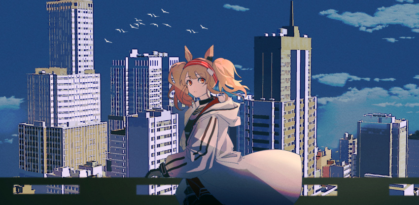1girl angelina_(arknights) animal_ears arknights balcony bangs bird black_gloves black_shirt blue_sky building city closed_mouth coat commentary_request cowboy_shot day eyebrows_visible_through_hair fox_ears gloves hairband haku_(muc12b) highres long_hair looking_at_viewer mixed-language_commentary open_clothes open_coat outdoors red_eyes red_hairband shirt sidelocks sky smile solo twintails white_coat