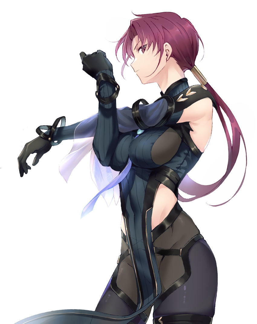 1girl bazett_fraga_mcremitz between_breasts black_bodysuit black_gloves blue_bodysuit blue_necktie bodysuit breasts closed_mouth commentary_request exercise fate/grand_order fate_(series) gloves highres large_breasts long_hair long_sleeves looking_at_viewer low_ponytail manannan_mac_lir_(fate) manannan_mac_lir_(second_ascension)_(fate) mole mole_under_eye necktie necktie_between_breasts okonon_(kado_colda) pelvic_curtain purple_hair serious simple_background solo two-tone_bodysuit violet_eyes white_background