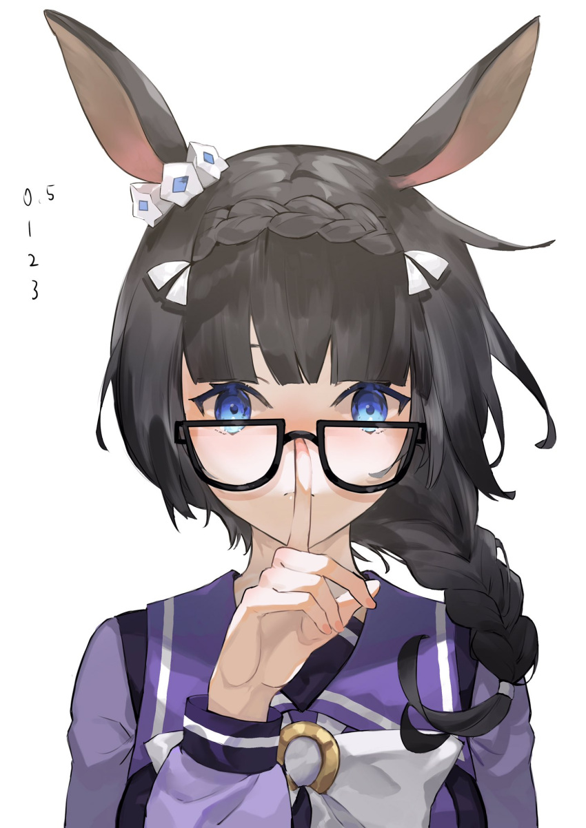 1girl adjusting_eyewear animal_ears black-framed_eyewear blue_eyes bow bowtie braid brown_hair completion_time crown_braid ear_ornament glasses highres horse_ears long_hair long_sleeves looking_at_viewer neko_(ganecooo) purple_sailor_collar purple_shirt sailor_collar school_uniform serafuku shirt side_braid simple_background solo umamusume upper_body white_background white_bow white_bowtie wide-eyed zenno_rob_roy_(umamusume)