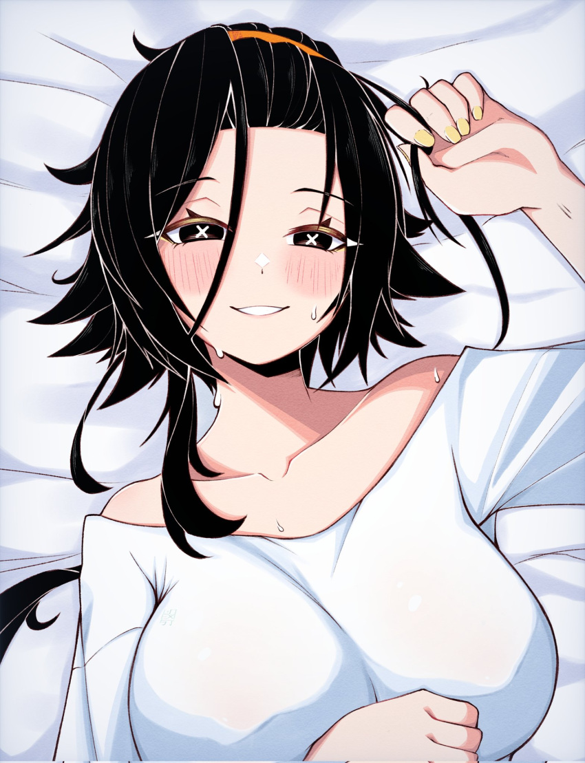 1girl bangs_pinned_back blush borrowed_character breasts collarbone eyebrows_visible_through_hair highres holding holding_hair lakart large_breasts lying on_back on_bed original shirt smile solo sweat uni_(unexistarts) white_shirt x_x yellow_nails