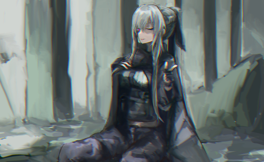 1girl absurdres ak-12_(girls'_frontline) bangs black_pants breasts closed_mouth dashimaki_(dasimakitama50) feet_out_of_frame girls_frontline highres jacket long_hair long_sleeves looking_at_viewer one_eye_closed pants silver_hair solo tactical_clothes violet_eyes