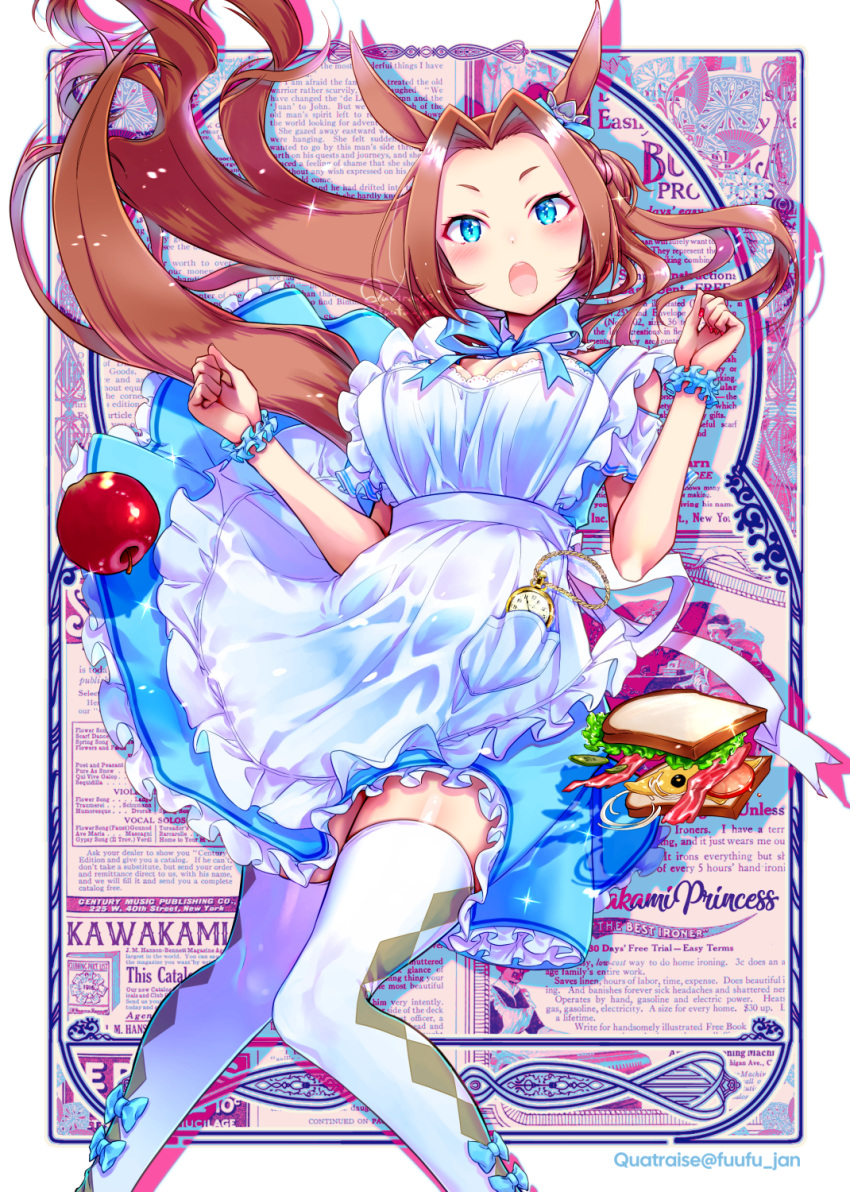1girl :o animal_ears apple apron artist_name bacon bangs blue_dress blue_eyes blush bread breasts brown_hair cheese dress english_text feet_out_of_frame floating_hair food fruit highres horse_ears kawakami_princess_(umamusume) large_breasts lettuce long_hair looking_at_viewer maid_apron open_mouth parted_bangs pocket_watch quatraise sandwich scrunchie solo sparkle thigh-highs tomato twitter_username umamusume watch watermark white_legwear wrist_scrunchie