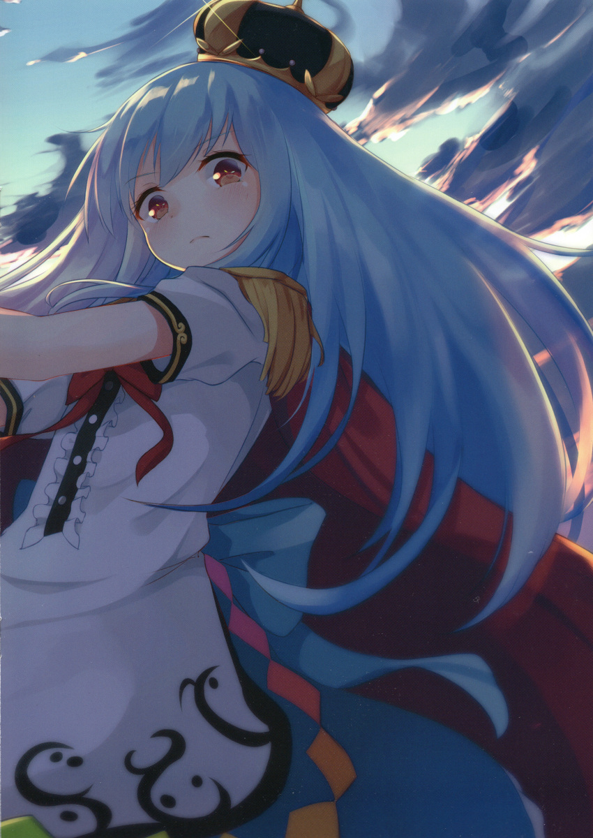 1girl absurdres blue_hair blue_skirt blue_sky blush cape clouds cloudy_sky crown epaulettes glint glowing highres hinanawi_tenshi igayan long_hair looking_at_viewer puffy_short_sleeves puffy_sleeves red_eyes scan scan_artifacts scan_dust short_sleeves skirt sky solo sword_of_hisou touhou twilight