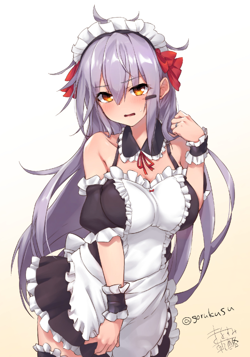 1girl alternate_costume apron bangs black_dress black_legwear blush breasts cheese_(cheese_koubou) dress enmaided eyebrows_visible_through_hair frilled_apron frilled_dress frills gangut_(kancolle) grey_hair hair_ornament hairclip highres kantai_collection large_breasts long_hair looking_at_viewer maid maid_headdress orange_eyes parted_lips scar scar_on_face simple_background solo sweat thigh-highs twitter_username white_apron