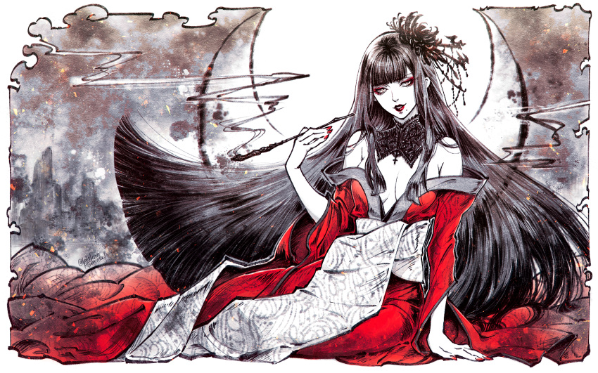1girl bangs bare_shoulders black_collar black_hair blunt_bangs blunt_ends breasts collar crescent_moon eyeshadow final_fantasy final_fantasy_xiv flower full_body grey_background hair_flower hair_ornament hand_up highres holding holding_pipe japanese_clothes kimono kiseru lace_collar leki_ixion long_hair looking_to_the_side makeup mole mole_under_mouth moon nail_polish off-shoulder_kimono parted_lips pipe red_eyeshadow red_kimono red_lips red_nails sidelocks signature sitting smile solo straight_hair white_eyes yokozuwari yotsuyu_(ff14)