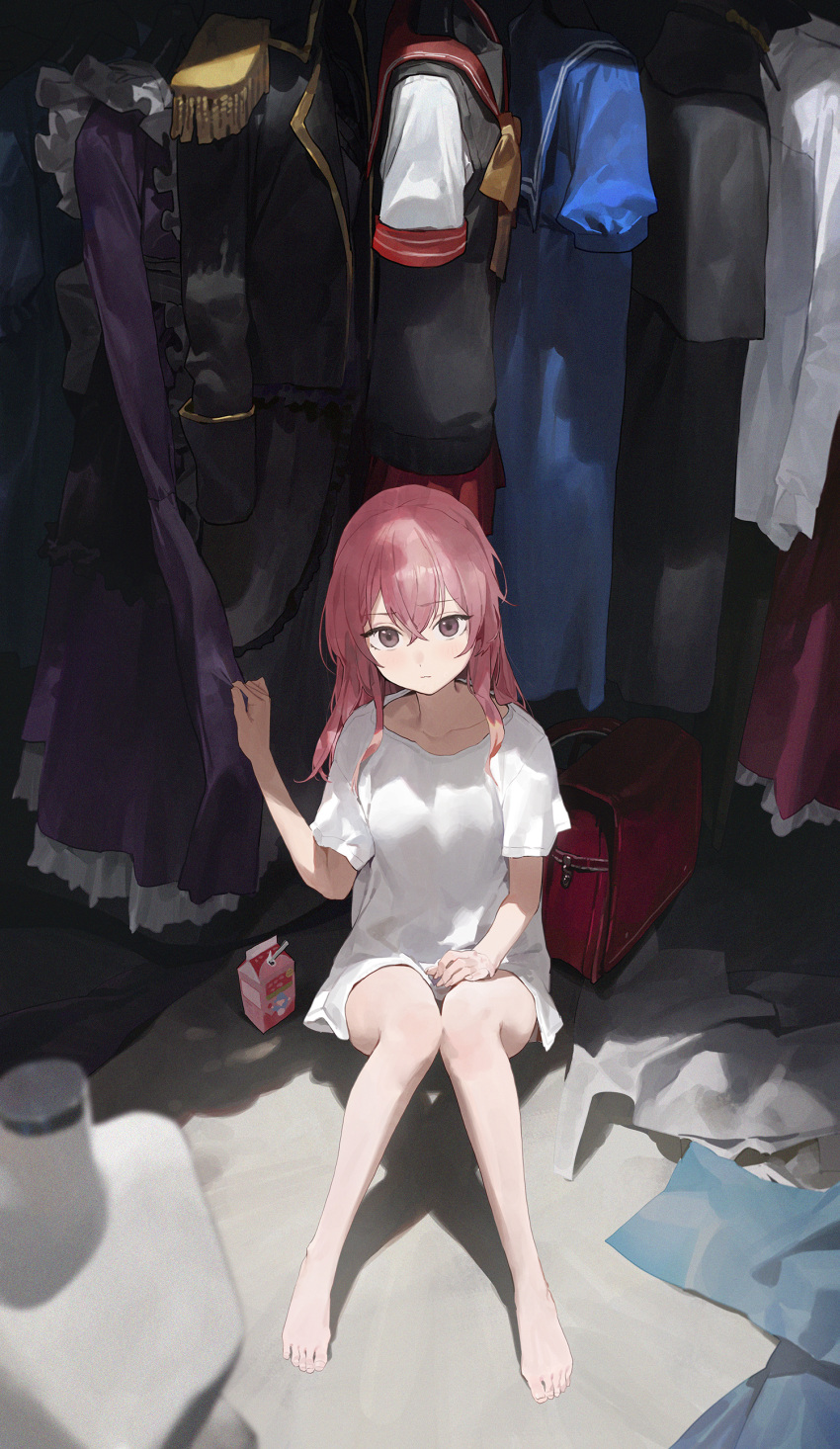 1girl absurdres backpack bag barefoot blush breasts clothing_request collarbone commentary_request drinking_straw eyebrows_visible_through_hair fingernails hair_between_eyes hat highres inui_sajuna looking_at_viewer mannequin medium_hair miniskirt modare on_floor pink_hair school_uniform serafuku shirt sitting skirt small_breasts solo sono_bisque_doll_wa_koi_wo_suru t-shirt very_long_sleeves white_shirt