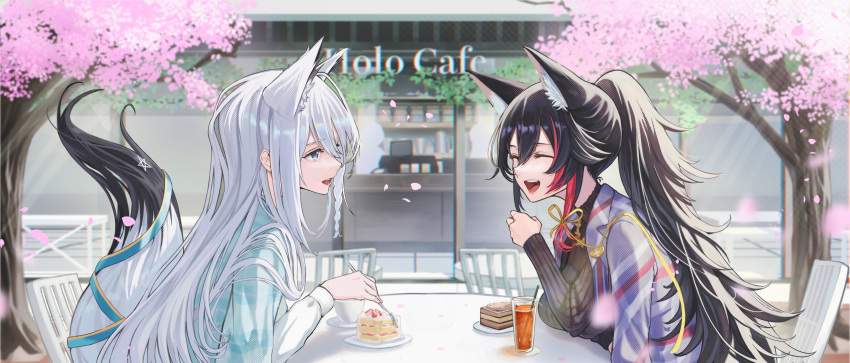 2girls absurdres animal_ear_fluff animal_ears bangs black_hair black_sweater braid cake chair cherry_blossoms commentary_request day eyebrows_visible_through_hair food fork fox_ears fox_girl fox_tail glass green_eyes hair_between_eyes highres holding holding_fork hololive hz_(helu_2) long_hair long_sleeves looking_at_another multicolored_hair multiple_girls ookami_mio open_mouth outdoors pentagram ponytail redhead ribbon shirakami_fubuki shirt sidelocks single_braid sitting smile streaked_hair sweater table tail tail_ornament tail_ribbon virtual_youtuber white_hair white_shirt wolf_ears wolf_girl
