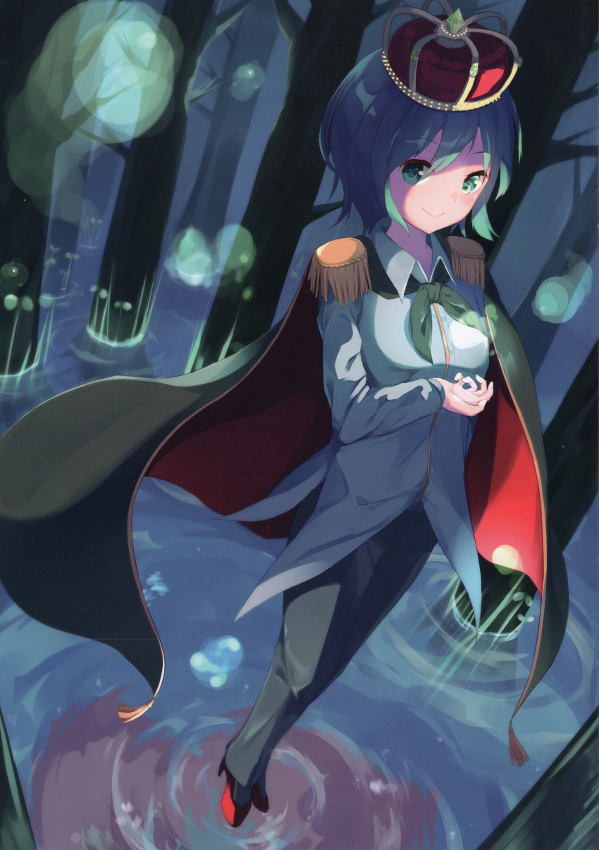 1girl absurdres adapted_costume bare_tree breasts cape crown from_above green_eyes green_hair hat highres hitodama igayan looking_at_viewer medium_breasts night outdoors pants ripples scan short_hair smile solo standing touhou tree wading water wetland wriggle_nightbug