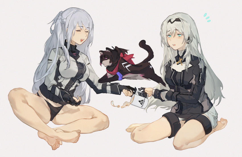 2girls absurdres ak-12_(girls'_frontline) an-94_(girls'_frontline) aqua_eyes bangs bbsinday black_hairband black_panties blush braid breasts cat closed_eyes cup eyebrows_visible_through_hair french_braid full_body girls_frontline gloves grey_hair hairband highres holding holding_cup large_breasts long_hair long_sleeves looking_at_another multiple_girls open_mouth panties sidelocks silver_hair smile squatting teeth underwear upper_teeth