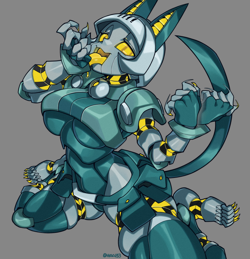 1girl android animal_ears bell belt belt_pouch breasts cat_ears cat_girl cat_tail claws commentary_request fingerless_gloves gloves highres joints licking looking_at_viewer mechanical_parts neck_bell pouch robo-fortune robot robot_joints short_hair simple_background skullgirls solo tail tongue tongue_out twitter_username waa153 yellow_eyes