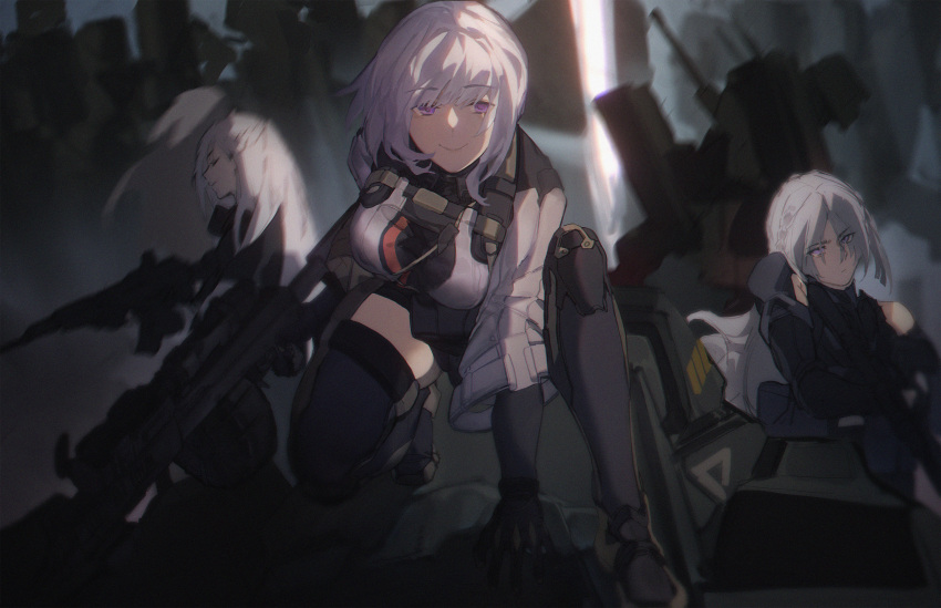 3boys 3girls absurdres ak-12 ak-12_(girls'_frontline) ak-15_(girls'_frontline) assault_rifle bangs bare_shoulders bbsinday black_footwear black_legwear braid breasts closed_eyes closed_mouth commentary_request eyebrows_visible_through_hair full_body girls_frontline gun highres holding holding_gun holding_weapon jacket kalashnikov_rifle large_breasts long_hair long_sleeves looking_at_viewer machine_gun multiple_boys multiple_girls rifle rpk-16 rpk-16_(girls'_frontline) short_hair sidelocks silver_hair smile squatting tactical_clothes violet_eyes weapon