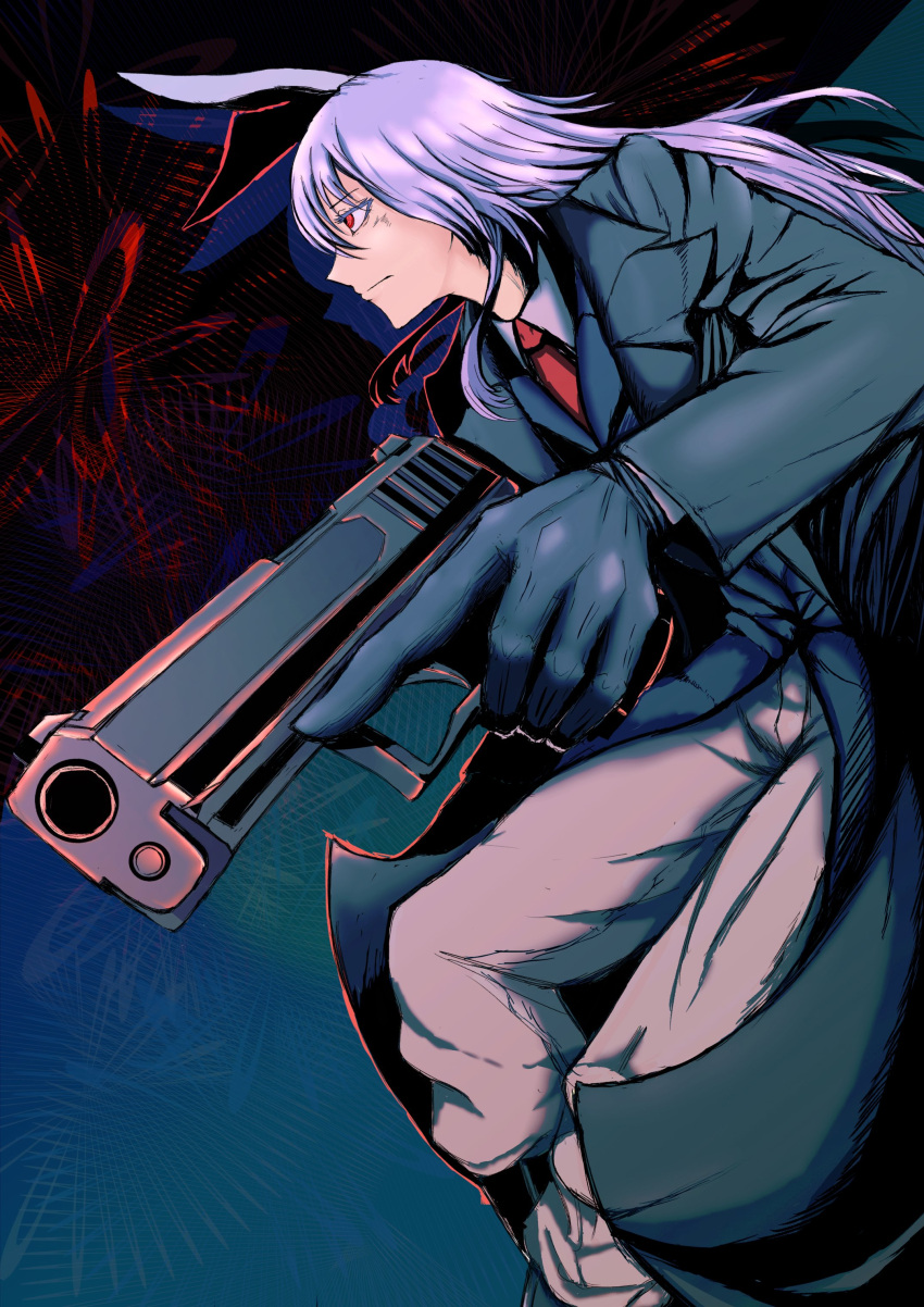 absurdres animal_ears black_gloves blouse boots coat collared_blouse formal gloves gun handgun highres light_purple_hair long_hair multicolored_background necktie pants pistol purple_hair rabbit_ears red_eyes red_necktie reisen_udongein_inaba serious silhouette suit tagme touhou trench_coat trigger_discipline weapon weedhollow_(dokuran) white_blouse