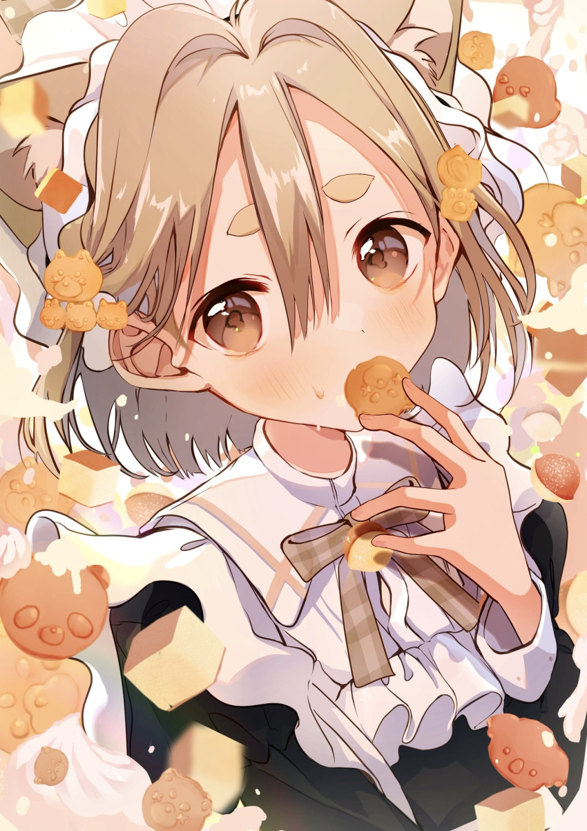 1girl animal_ear_fluff animal_ears bangs black_dress blush bow bowtie brown_bow brown_bowtie brown_eyes cat_ears commentary_request cookie dress eating food food-themed_background food_in_mouth frilled_shirt_collar frills hand_up highres icing light_brown_hair long_sleeves looking_at_viewer maid maid_headdress original peach_punch plaid plaid_bow plaid_bowtie short_eyebrows short_hair solo thick_eyebrows upper_body