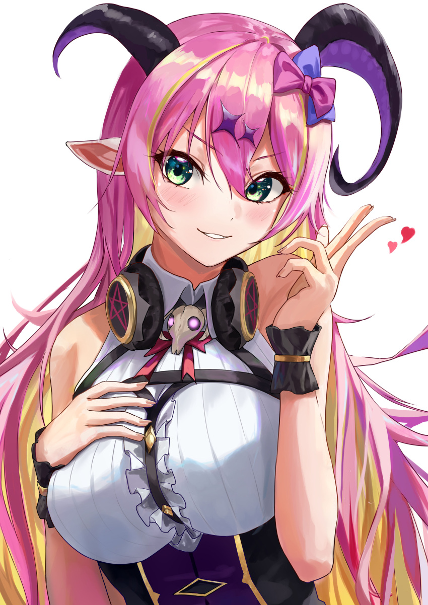 1girl absurdres blonde_hair bow collared_shirt colored_inner_hair demon_horns green_eyes hair_bow hand_on_own_chest headphones headphones_around_neck highres hololive horns mano_aloe multicolored_hair nayuyu1105 parted_lips pink_hair pointy_ears shirt sleeveless sleeveless_shirt smile solo v virtual_youtuber white_shirt wrist_cuffs