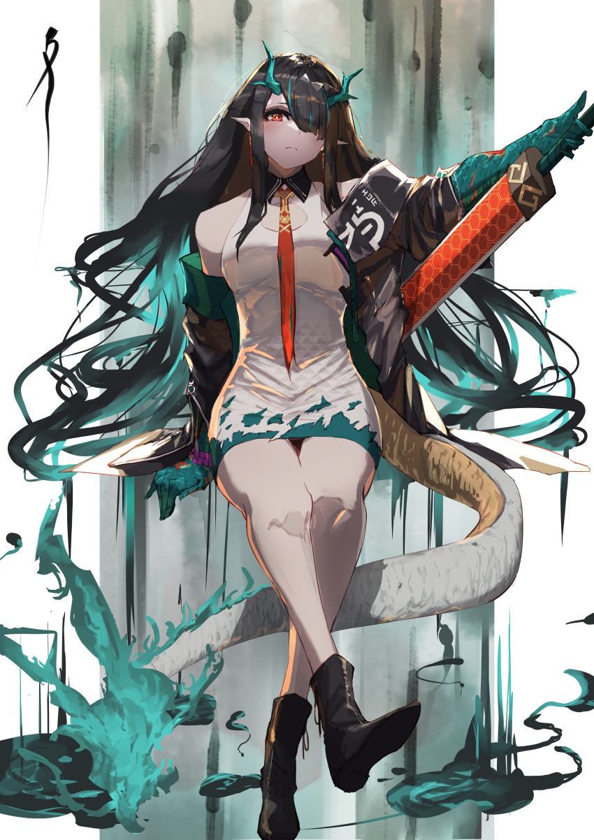 1girl absurdres arknights bare_legs black_coat black_footwear black_hair boots bracelet breasts closed_mouth coat colored_skin dragon_girl dragon_horns dragon_tail dress dusk_(arknights) fiery_tail fire full_body gradient_hair green_fire green_hair green_skin hair_over_one_eye highres holding holding_sword holding_weapon horns ink invisible_chair jewelry knee_boots large_breasts long_hair long_sleeves looking_at_viewer multicolored_hair necktie open_clothes open_coat pointy_ears red_eyes red_necktie shica_deer short_dress sitting solo sword tail very_long_hair weapon white_dress