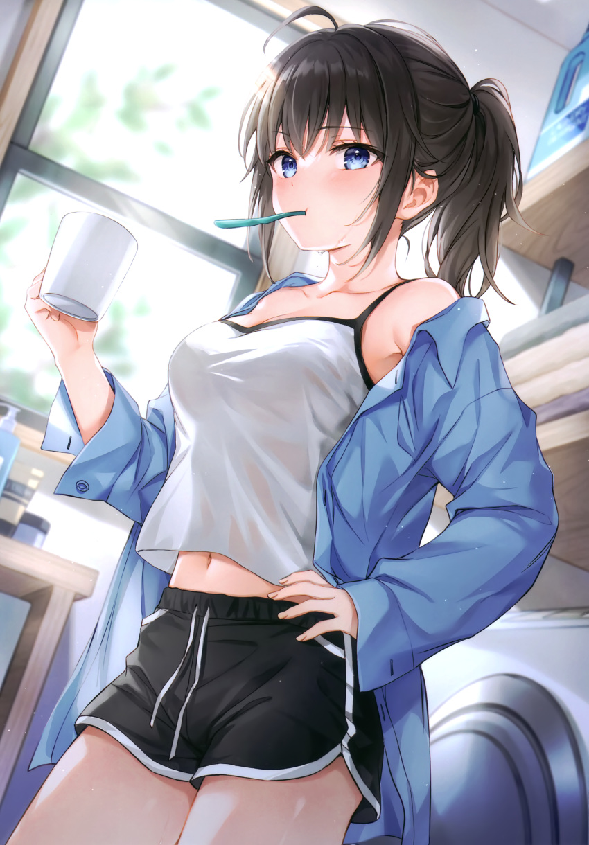 1girl absurdres ahoge armpit_crease bare_shoulders black_hair black_shorts blue_eyes blue_shirt breasts camisole collarbone contrapposto crop_top crop_top_overhang cup dolphin_shorts drawstring dress_shirt hand_on_hip highres holding long_hair long_sleeves looking_at_viewer medium_breasts midriff mouth_hold mug navel off_shoulder open_clothes open_shirt original ponytail see-through_silhouette shirt short_shorts shorts sidelocks sleeveless sleeveless_shirt solo spaghetti_strap standing thighs toothbrush toothbrush_in_mouth undershirt white_shirt yumesaki