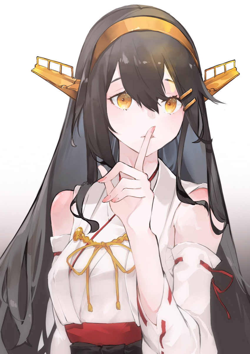 1girl black_hair detached_sleeves finger_to_mouth fingernails hairband hand_up haruna_(kancolle) highres kantai_collection long_hair long_sleeves looking_at_viewer neko_(ganecooo) pink_nails shushing simple_background solo white_background wide_sleeves yellow_eyes