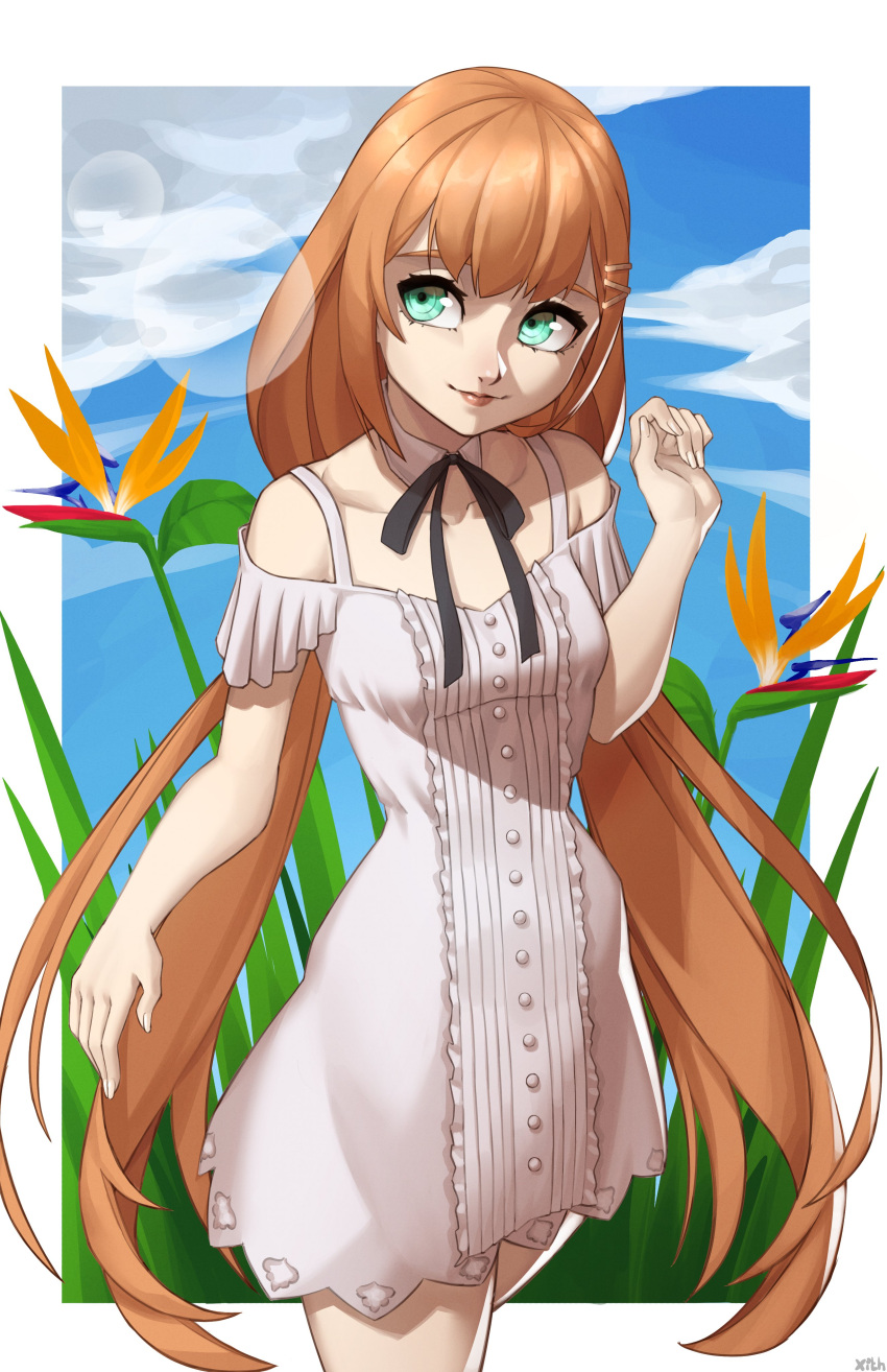 1girl absurdres bangs black_ribbon blue_sky border buttons closed_mouth clouds collarbone commentary detached_collar dress english_commentary flower grass green_eyes highres kingdom_hearts kingdom_hearts_iv kingdom_hearts_x lips long_hair looking_away neck_ribbon orange_flower orange_hair outside_border red_lips ribbon sky sleeveless sleeveless_dress smile solo strelitzia_(kingdom_hearts) sunlight twintails very_long_hair white_border white_dress x_xith_x