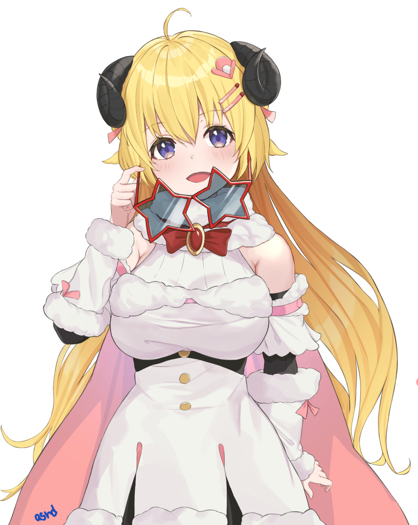 1girl ahoge animal_ears arm_at_side asurada_yui bare_shoulders belt_pouch blonde_hair blush bow bowtie breasts brooch cape cowboy_shot curled_horns detached_sleeves dress eyebrows_visible_through_hair fur-trimmed_cape fur-trimmed_dress fur-trimmed_sleeves fur_trim hair_between_eyes hair_ornament hair_twirling hairclip half_updo hand_up head_tilt highres holding holding_eyewear hololive horns jewelry large_breasts long_hair looking_at_viewer miniskirt open_mouth pink_cape pouch red_bow red_bowtie ribbed_sleeves sheep_ears sheep_girl sheep_horns short_dress signature simple_background skirt sleeveless sleeveless_dress smile solo star-shaped_eyewear sunglasses tareme taut_clothes taut_dress tsunomaki_watame two-sided_cape two-sided_fabric very_long_hair violet_eyes virtual_youtuber wavy_hair white_background white_dress