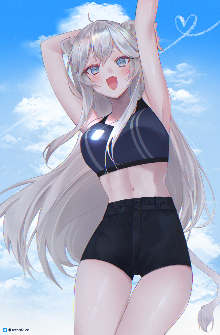 1girl absurdres ahoge animal_ears arm_behind_head armpits arms_up bare_shoulders black_shorts blue_eyes blush breasts clouds cloudy_sky contrail contrapposto cowboy_shot fangs grey_eyes hair_between_eyes high-waist_shorts highres hololive large_breasts leaning_to_the_side linea_alba lion_ears lion_girl lion_tail long_hair looking_at_viewer midriff navel nellku24 open_mouth shiny shiny_clothes shiny_skin shishiro_botan short_shorts shorts sidelocks silver_hair sky smile solo sports_bra sweat tail thigh_gap very_long_hair virtual_youtuber