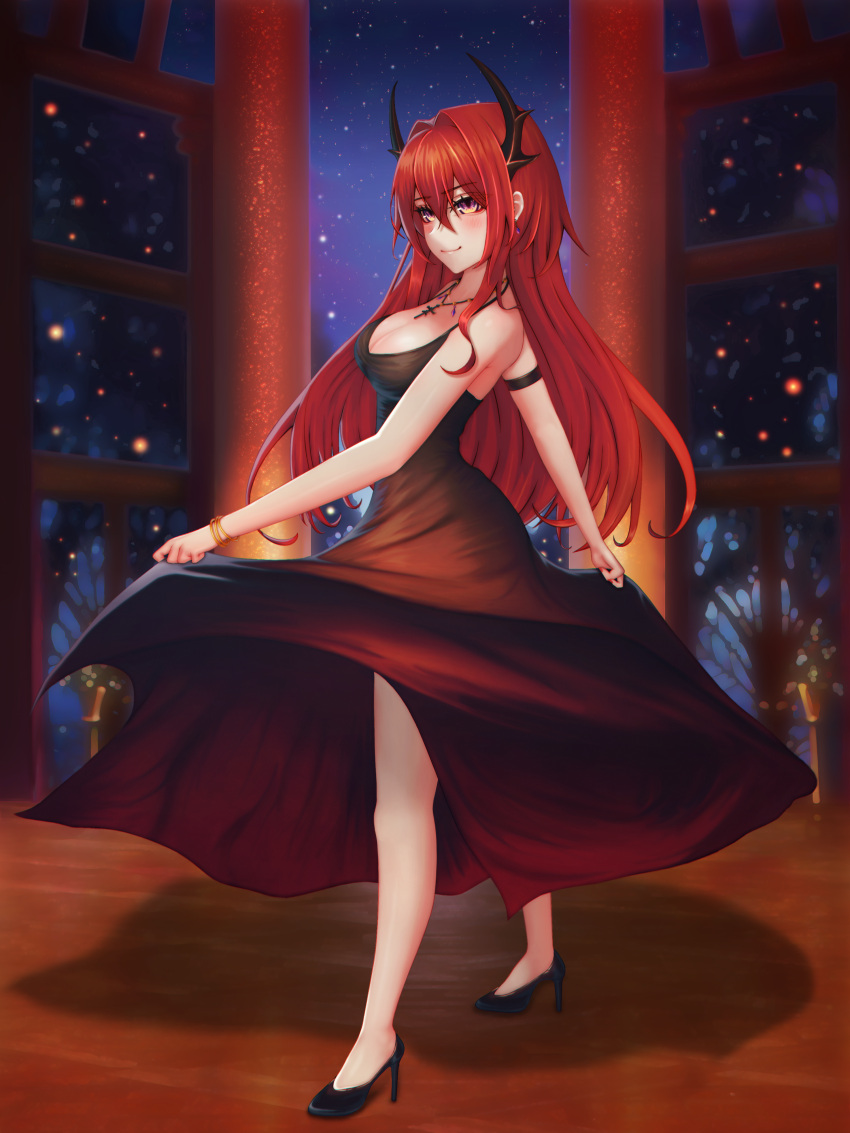 1girl absurd_fox absurdres arknights bangs bare_shoulders black_dress bracelet breasts closed_mouth dress eyebrows_visible_through_hair highres horns jewelry long_hair looking_at_viewer medium_breasts redhead smile solo surtr_(arknights) very_long_hair violet_eyes