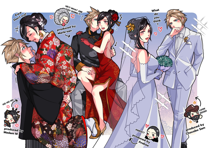 3boys 3girls andrea_rhodea babigonice bare_shoulders black_hair blonde_hair blue_eyes blush bouquet bow bowtie breasts bridal_veil chinese_clothes chocobo_sam cloud_strife couple detached_sleeves dress earrings english_text final_fantasy final_fantasy_vii final_fantasy_vii_remake flower formal gloves hair_flower hair_ornament holding japanese_clothes jewelry large_breasts long_hair madam_m marle multiple_boys multiple_girls red_dress red_eyes red_gloves spiky_hair suit tifa_lockhart veil wedding_dress white_bow white_bowtie white_dress