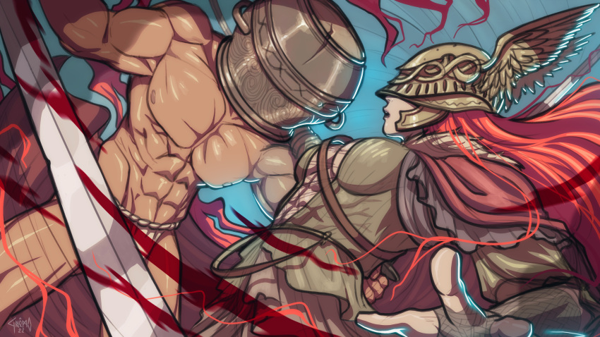 1boy 1girl armor blood cape dasgnomo dual_wielding elden_ring fighting helmet highres holding holding_sword holding_weapon katana let_me_solo_her long_hair male_focus malenia_blade_of_miquella mechanical_arms muscular muscular_male pot_on_head prosthesis prosthetic_arm red_cape redhead simple_background single_mechanical_arm sword topless_male very_long_hair weapon