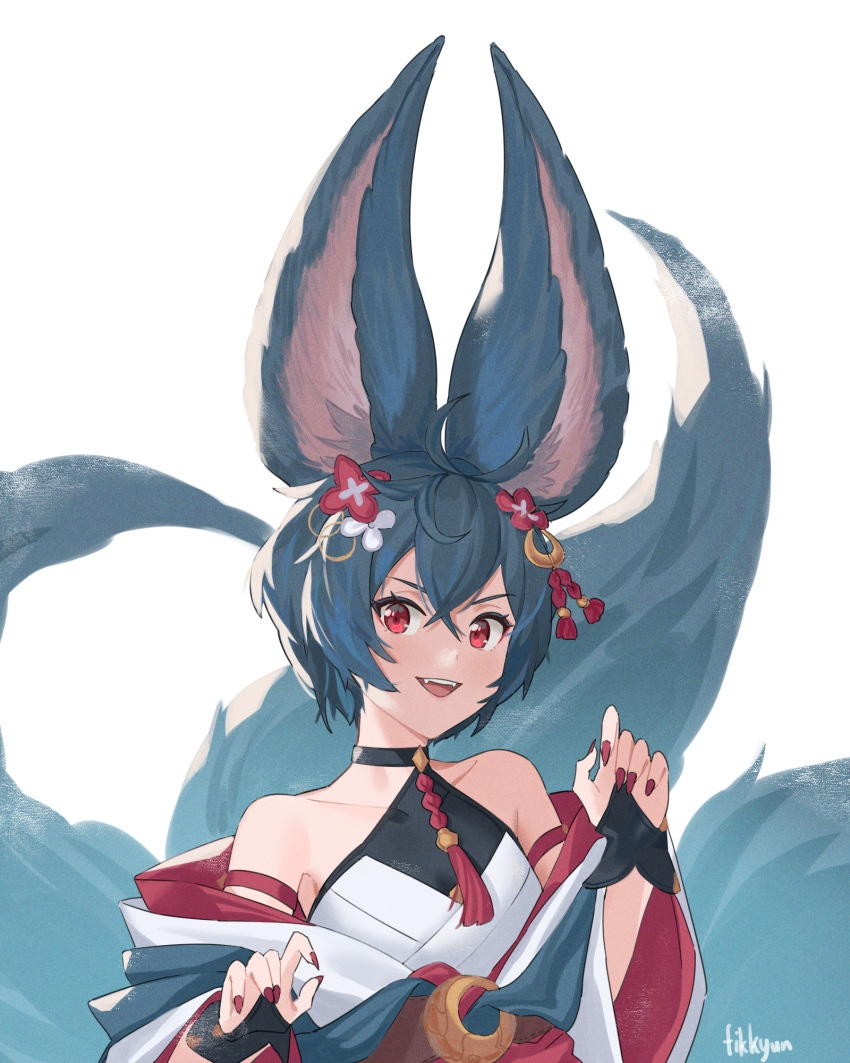 1girl animal_ears artist_name bangs bare_shoulders blue_hair bridal_gauntlets collarbone crossed_bangs erune fangs fikkyun fingernails fox_ears fox_girl fox_tail granblue_fantasy hair_between_eyes hair_ornament highres looking_at_viewer multiple_tails nail_polish open_mouth red_eyes red_nails short_hair simple_background smile solo tail teeth upper_body upper_teeth white_background you_(granblue_fantasy)