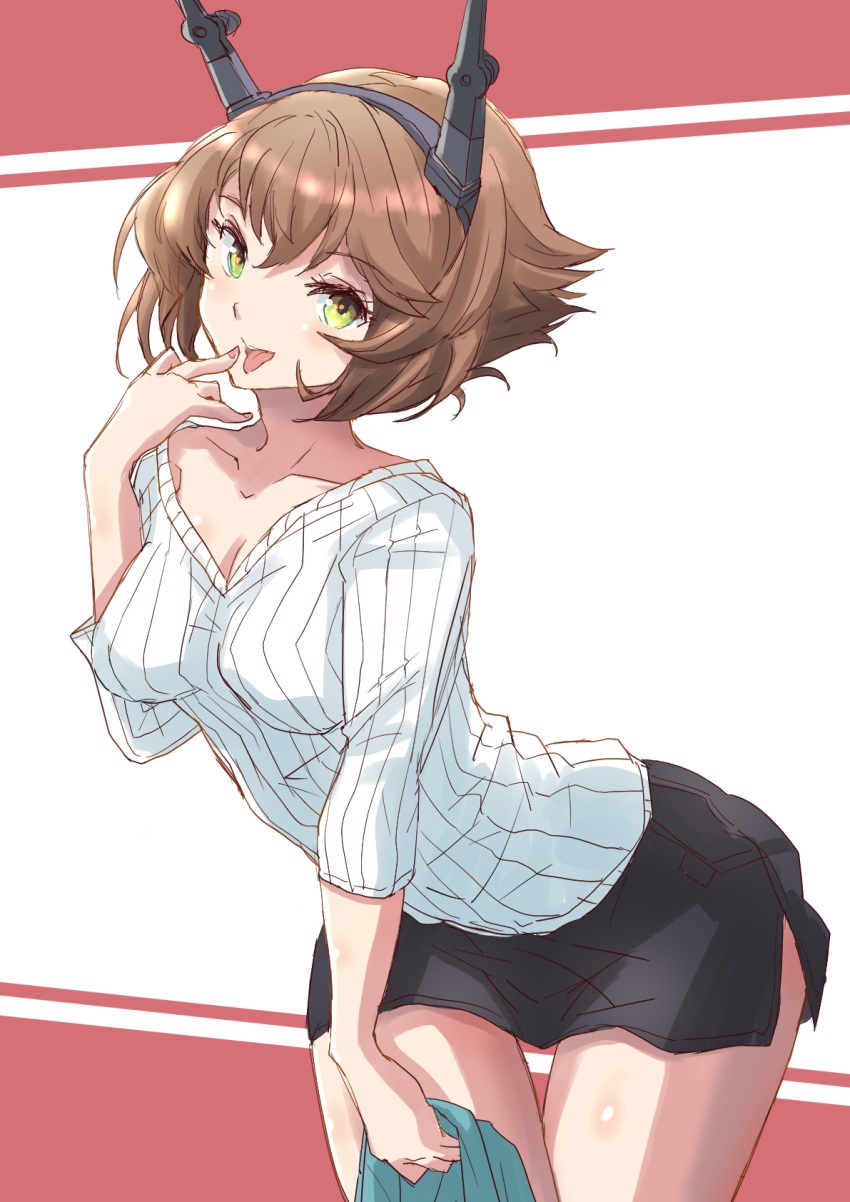 1girl alternate_costume black_skirt breasts brown_hair collarbone commentary_request fuji_(pixiv24804665) green_eyes hairband headgear highres kantai_collection leaning_forward medium_breasts mutsu_(kancolle) radio_antenna ribbed_sweater short_hair skirt solo sweater tongue tongue_out white_sweater