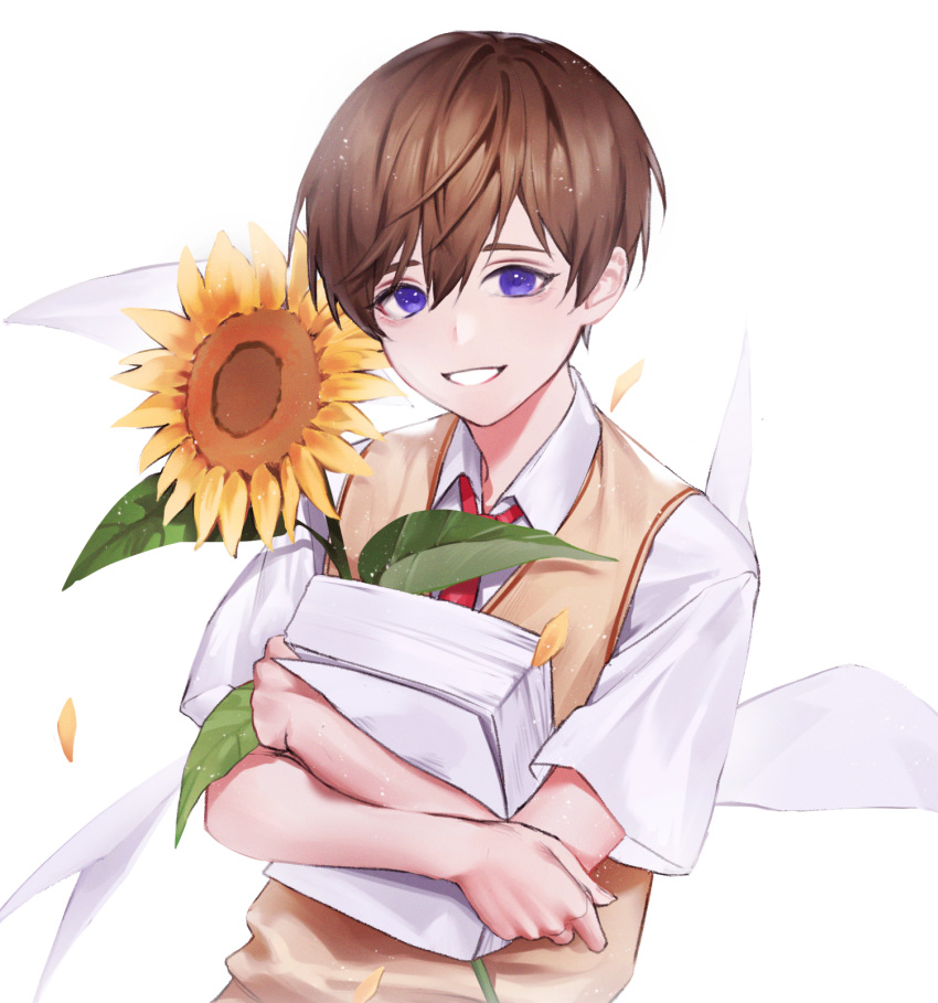 1boy ando_shiki blue_eyes book book_stack brown_hair collared_shirt flower highres male_focus nyamnyam0502 paper paradox_live petals plant school_uniform shirt short_sleeves smile solo sunflower white_background white_shirt