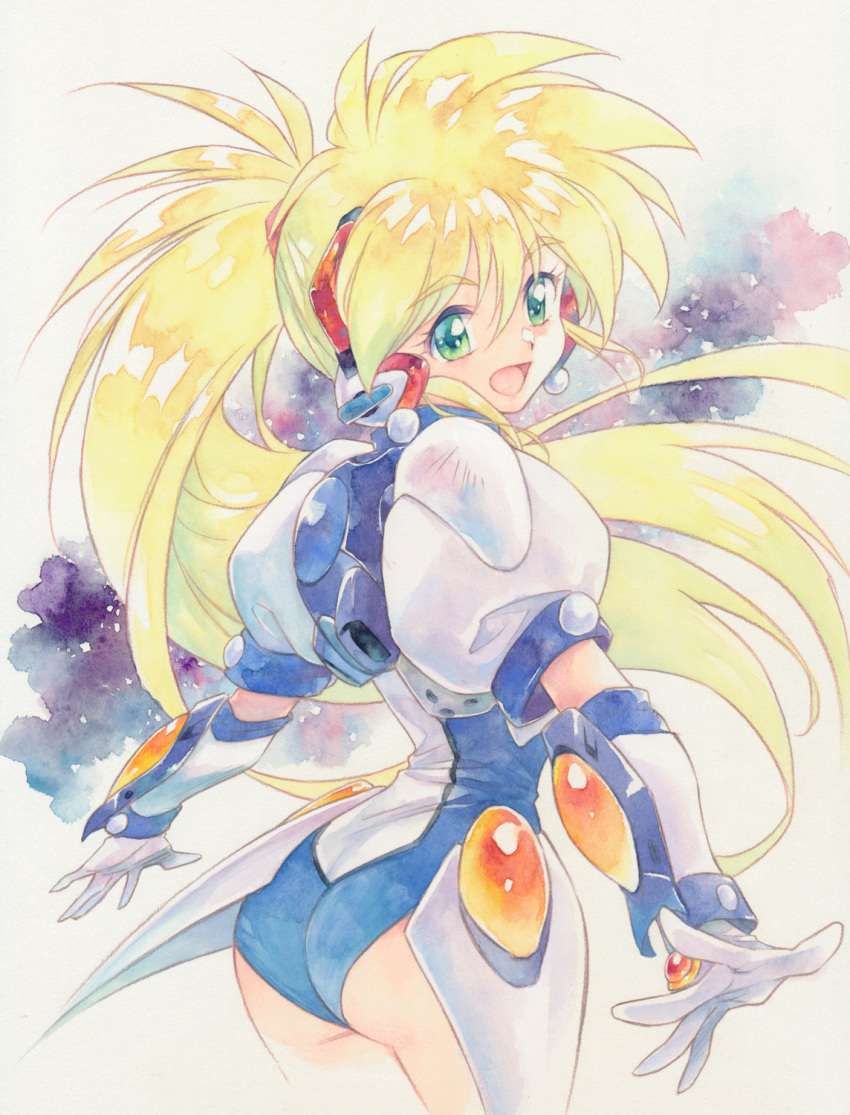 1girl :d agahari ass blonde_hair commentary_request eyebrows_visible_through_hair from_behind ginga_ojou-sama_densetsu_yuna gloves green_eyes grey_background hair_between_eyes highres kagurazaka_yuna long_hair looking_at_viewer mecha_musume open_mouth smile solo traditional_media white_gloves