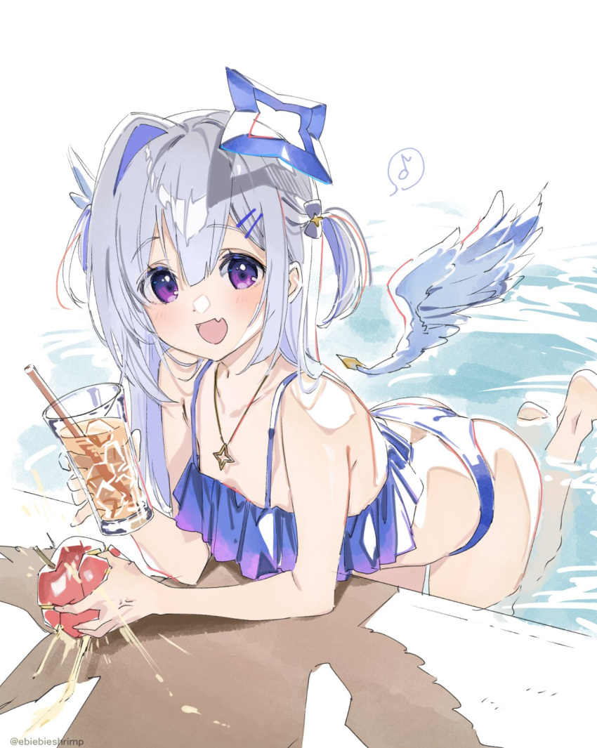 1girl :d alternate_costume amane_kanata angel_wings apple asymmetrical_hair bikini blue_bikini blue_hair blush breasts colored_inner_hair commentary crushing cup detached_wings drink drinking_straw eyebrows_visible_through_hair fang food frilled_bikini frills fruit hair_between_eyes hair_ornament hairclip halo highres holding holding_cup hololive jewelry long_hair looking_at_viewer multicolored_hair musical_note necklace open_mouth partially_submerged pink_hair pool poolside shuri_(84k) side_ponytail silver_hair simple_background single_hair_intake skin_fang small_breasts smile solo spoken_musical_note star_(symbol) star_necklace streaked_hair swimsuit violet_eyes virtual_youtuber white_background wings